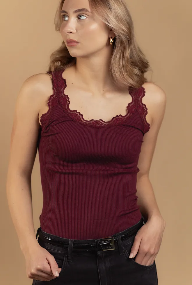Rosemunde RW Babette Silk SL U-Neck Lace Top Tawny Port singelt 