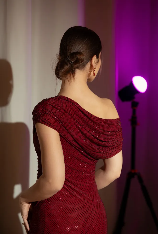 Self-Portrait Rhinestone Drape Mini Dress Burgundy festkjole 3