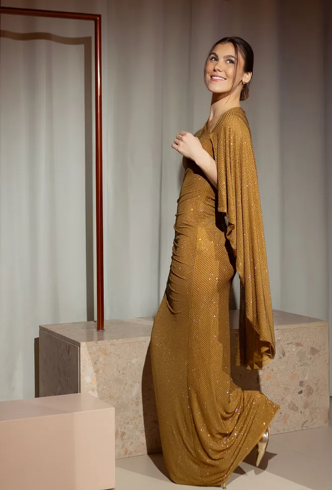 Self-Portrait Rhinestone Drape Maxi Dress Gold festkjole maxikjole 5