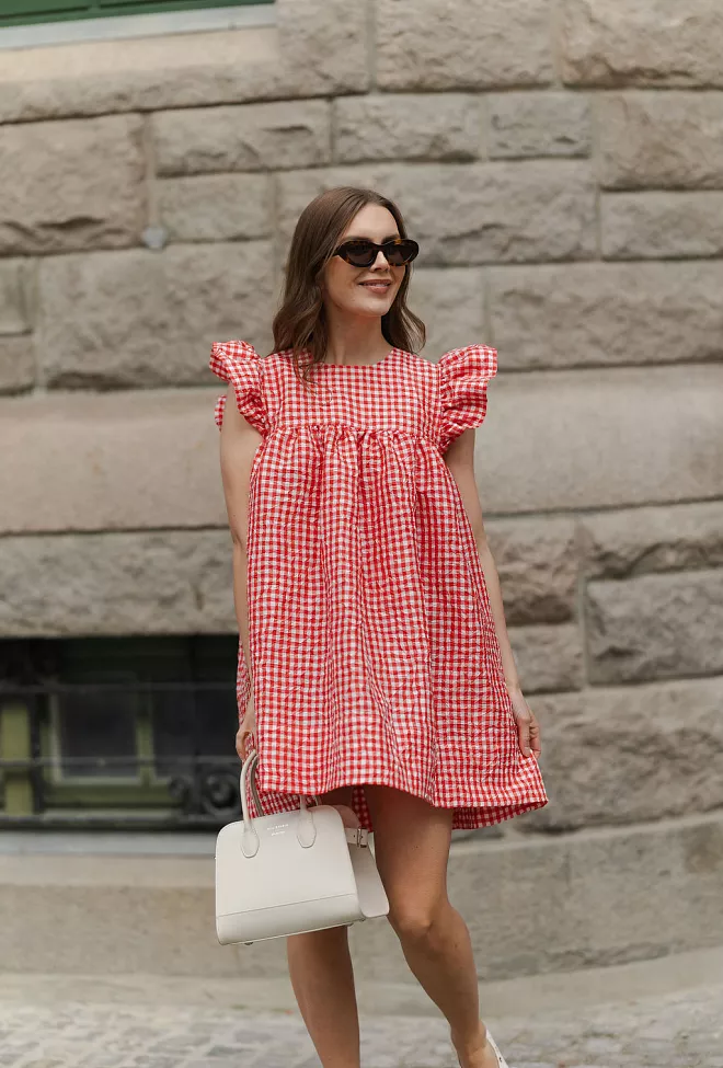 GANNI Crinkled Taffeta Check Frill Mini Dress Red Alert kjole 