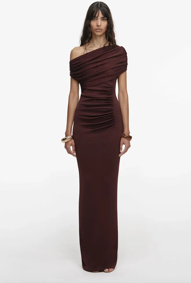 Self-Portrait Draped Knit Midi Dress Brown kjole