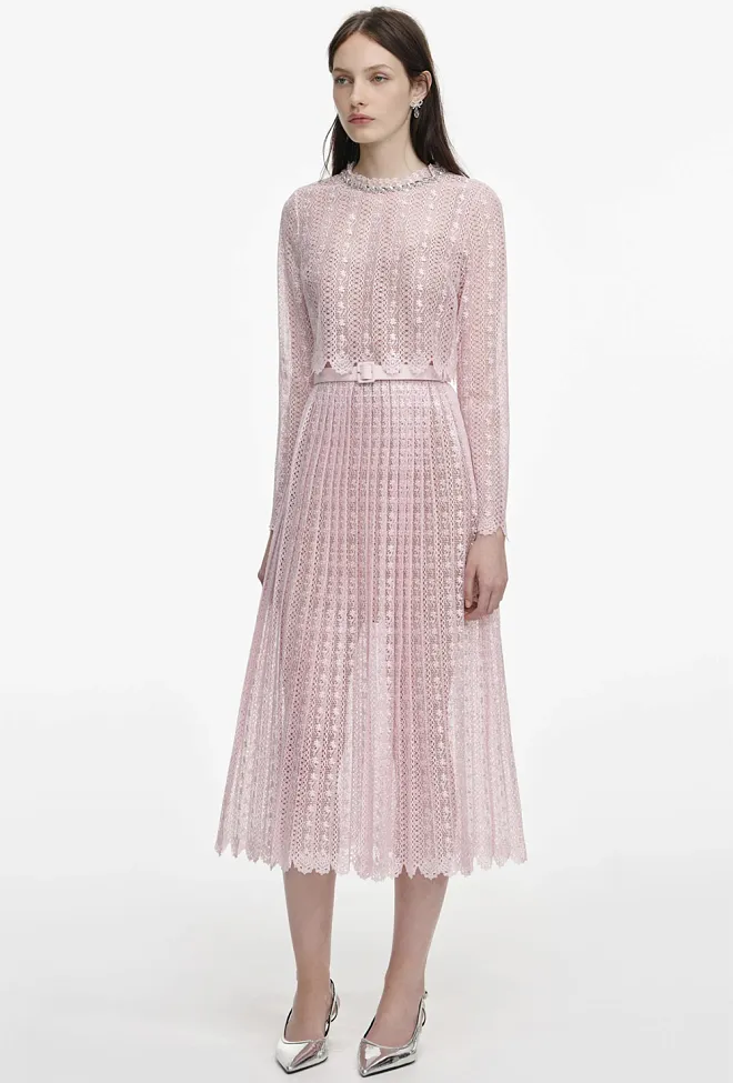 Self-Portrait Organza Lace Midi Dress Pink blondekjole